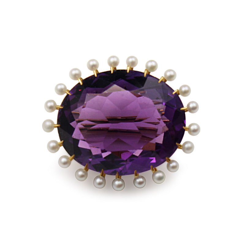 14ct Yellow Gold Antique Amethyst and Pearl Brooch