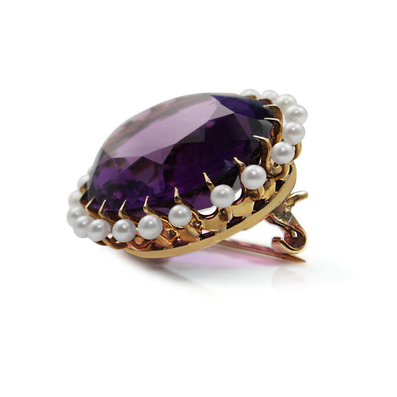 14ct Yellow Gold Antique Amethyst and Pearl Brooch