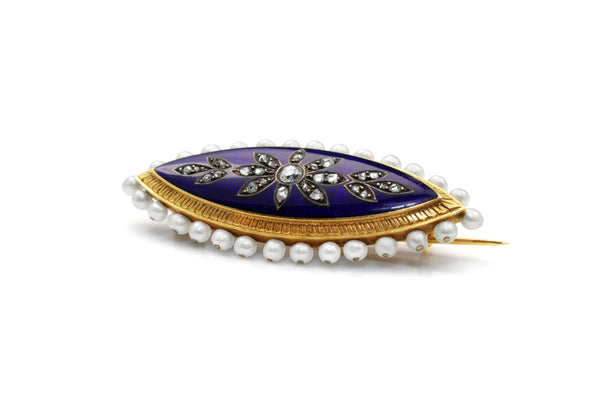 18ct Yellow Gold Antique Enamel, Pearl and Rose Cut Diamond Brooch