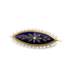 18ct Yellow Gold Antique Enamel, Pearl and Rose Cut Diamond Brooch