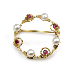18ct Yellow Gold Ruby and Pearl Wreath Brooch