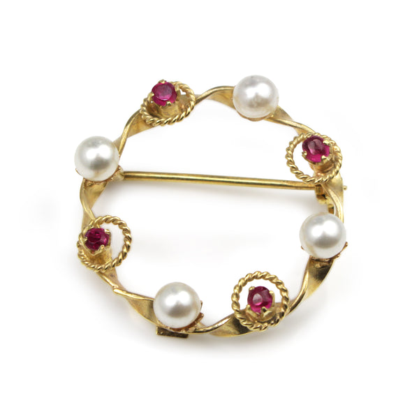 18ct Yellow Gold Ruby and Pearl Wreath Brooch