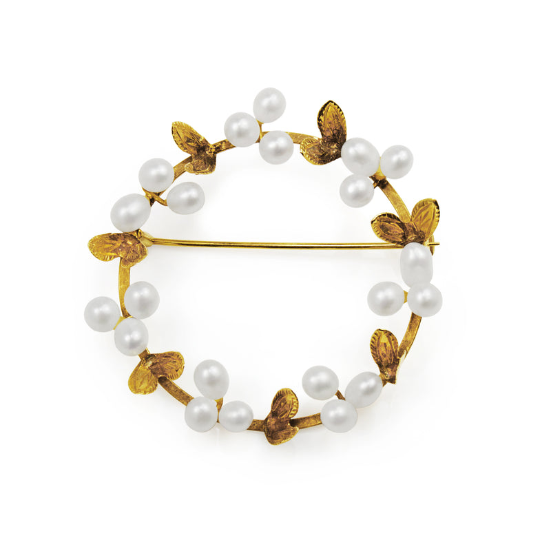 14ct Yellow Gold Pearl Floral Wreath Brooch