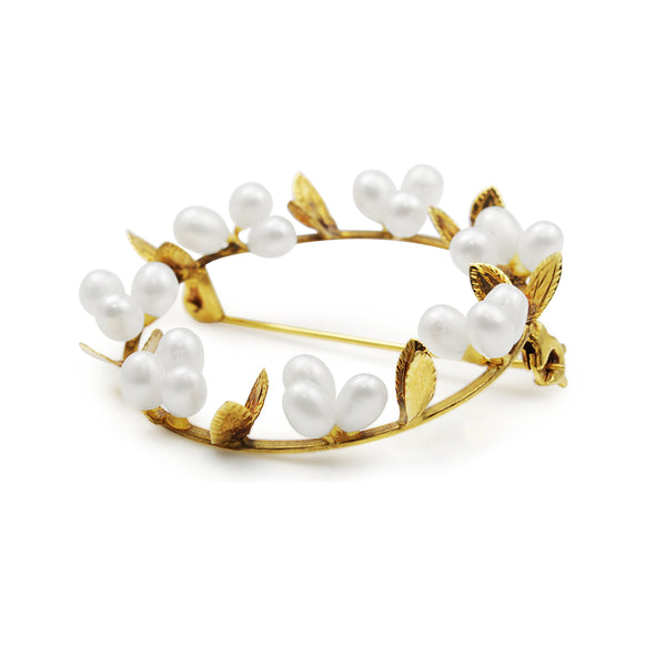 14ct Yellow Gold Pearl Floral Wreath Brooch