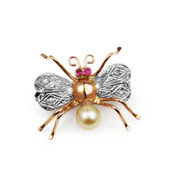 Platinum and 18ct Rose Gold Deco Ruby and Pearl Insect/Bee Brooch