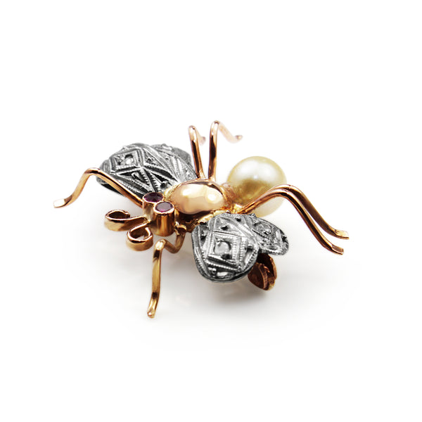 Platinum and 18ct Rose Gold Deco Ruby and Pearl Insect/Bee Brooch