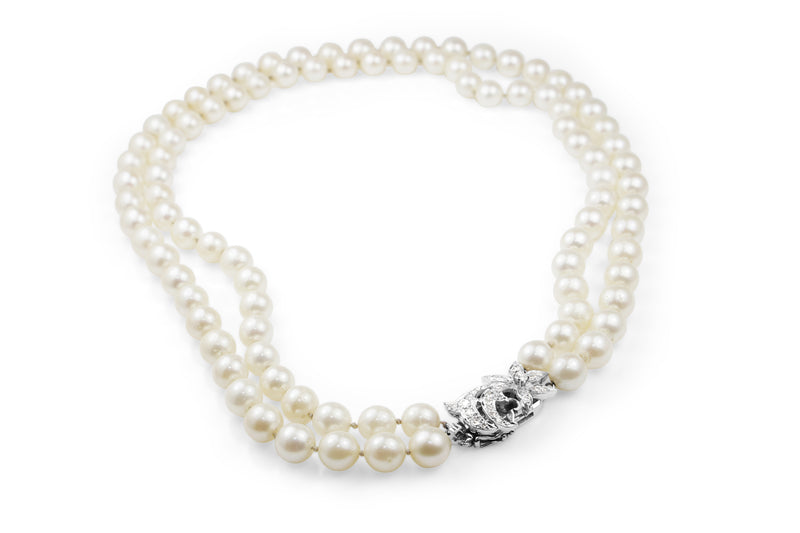 14ct White Gold Cultured Pearl Necklace With Diamond Clasp