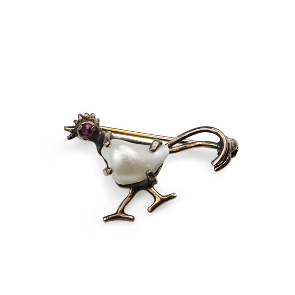 18ct White Gold Pearl and Ruby 'Rooster' Brooch