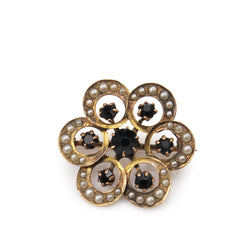 14ct Yellow Gold Onyx and Pearl Brooch