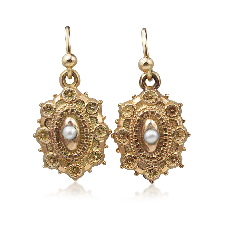 9ct Yellow and Rose Gold Antique Pearl Drop Earrings