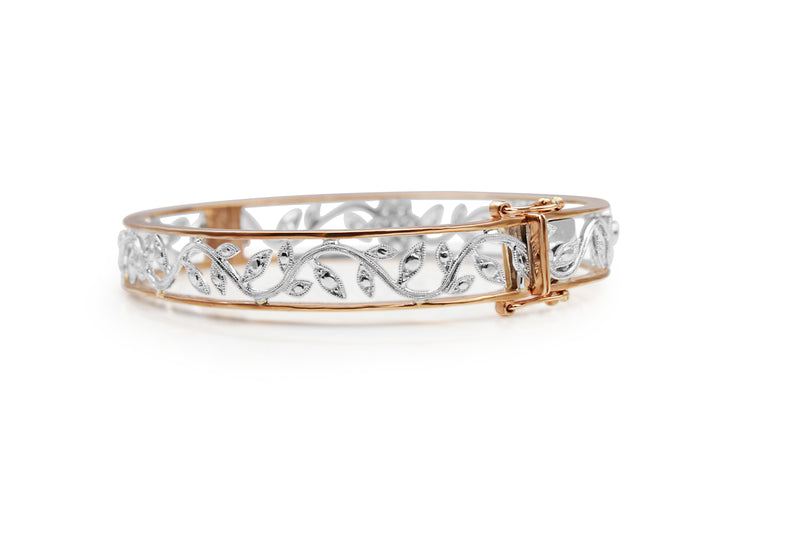 9ct Rose and White Gold Diamond Floral Bangle