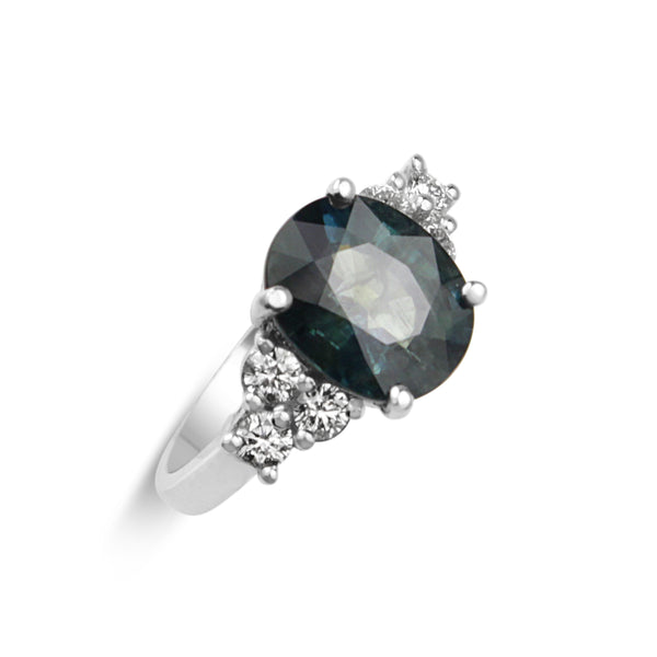 18ct White Gold Teal Sapphire and Diamond Ring