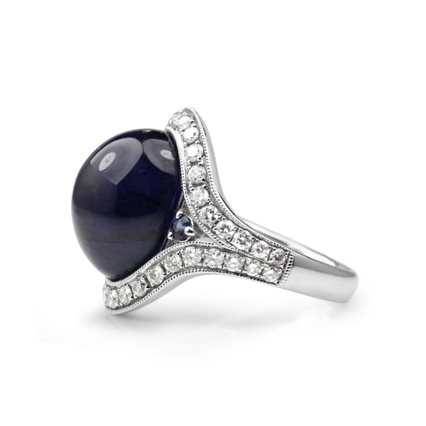 18ct White Gold Cabochon Sapphire and Diamond Ring