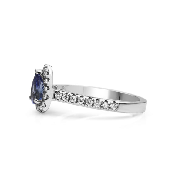 18ct White Gold Sapphire and Diamond Pear Halo Ring