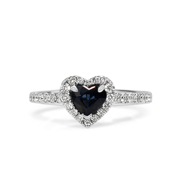 18ct White Gold Sapphire and Diamond Heart Halo Ring