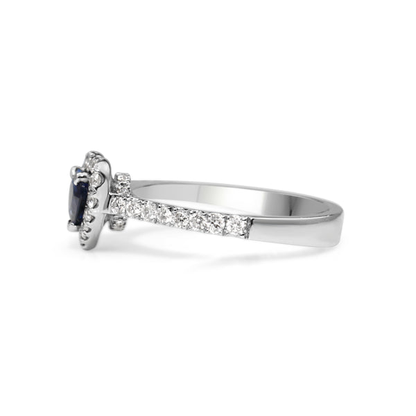 18ct White Gold Sapphire and Diamond Heart Halo Ring