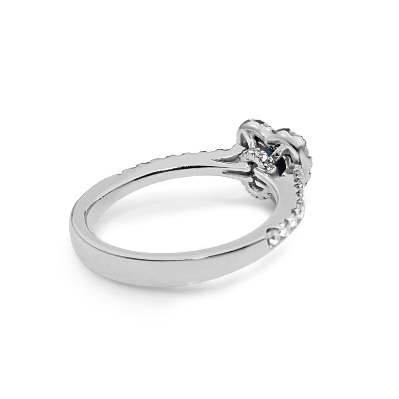 18ct White Gold Sapphire and Diamond Heart Halo Ring