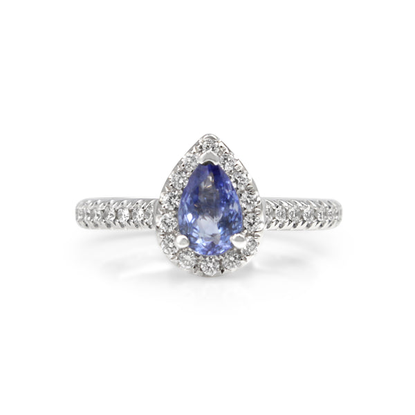 18ct White Gold Sapphire and Diamond Pear Halo Ring