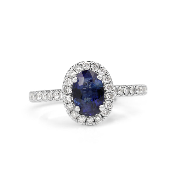 18ct White Gold Sapphire and Diamond Halo Ring