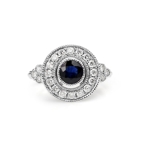 18ct White Gold Deco Style Sapphire and Diamond Ring