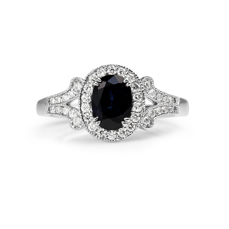 18ct White Gold Vintage Style Sapphire and Diamond Ring