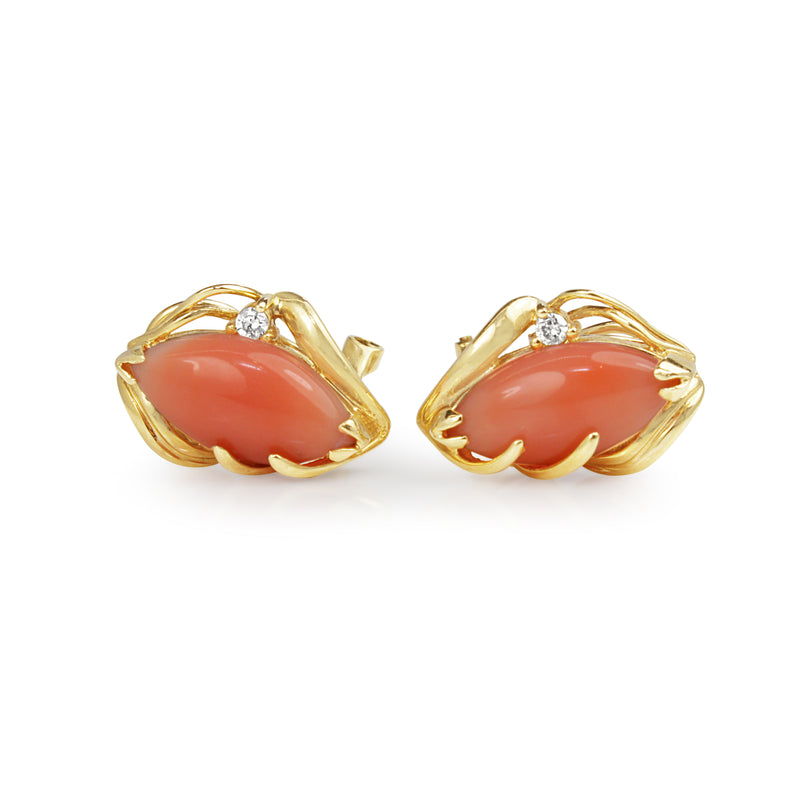 14ct Yellow Gold Coral and Diamond Earrings