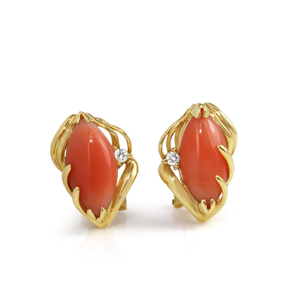 14ct Yellow Gold Coral and Diamond Earrings
