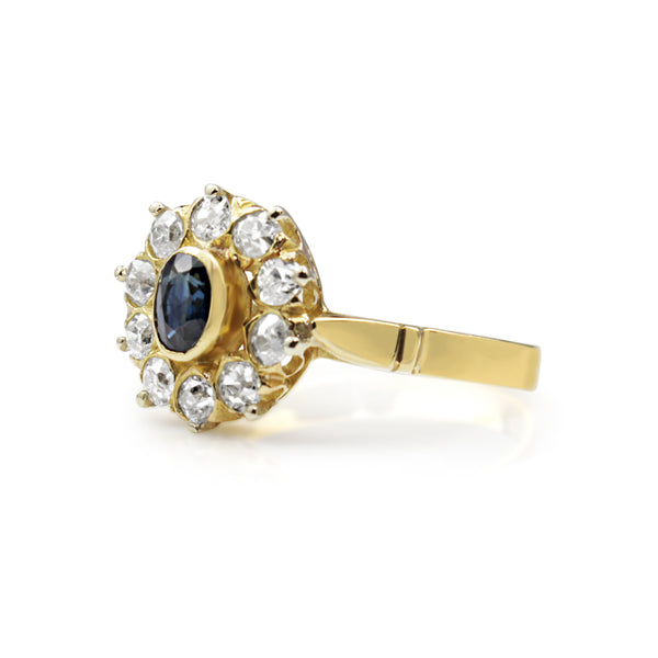18ct Yellow Gold Antique Sapphire and Diamond Cluster Ring