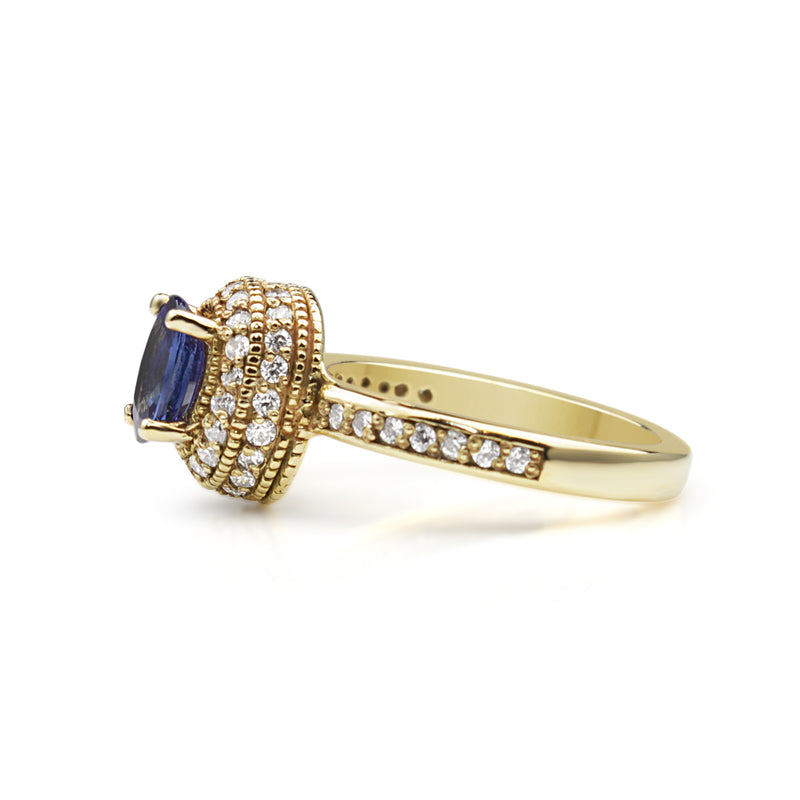 14ct Yellow Gold Blue and White Sapphire Halo Ring