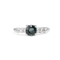 Platinum Deco Teal Sapphire and Diamond Ring