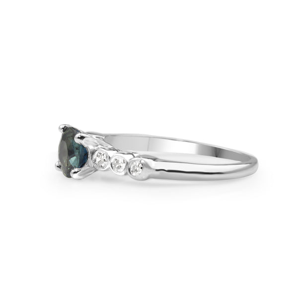 Platinum Deco Teal Sapphire and Diamond Ring