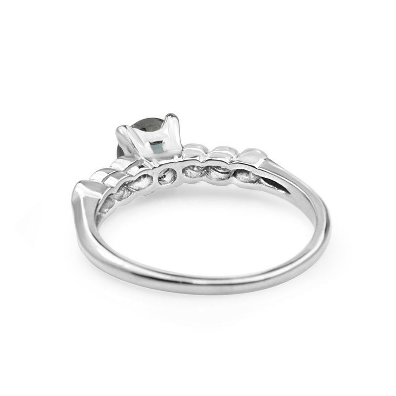Platinum Deco Teal Sapphire and Diamond Ring