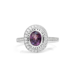 18ct White Gold Pink / Purple Sapphire and Diamond Halo Ring