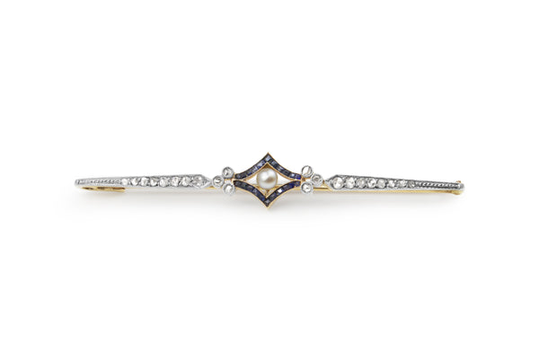 18ct Yellow Gold and Platinum Antique Sapphire, Pearl and Rose Cut Diamond Brooch