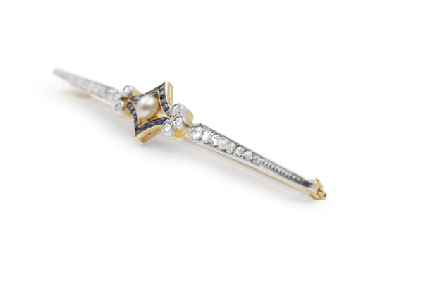 18ct Yellow Gold and Platinum Antique Sapphire, Pearl and Rose Cut Diamond Brooch