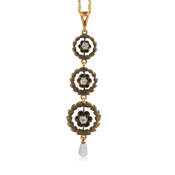 14ct Yellow Gold Antique Pearl and Diamond Drop Necklace