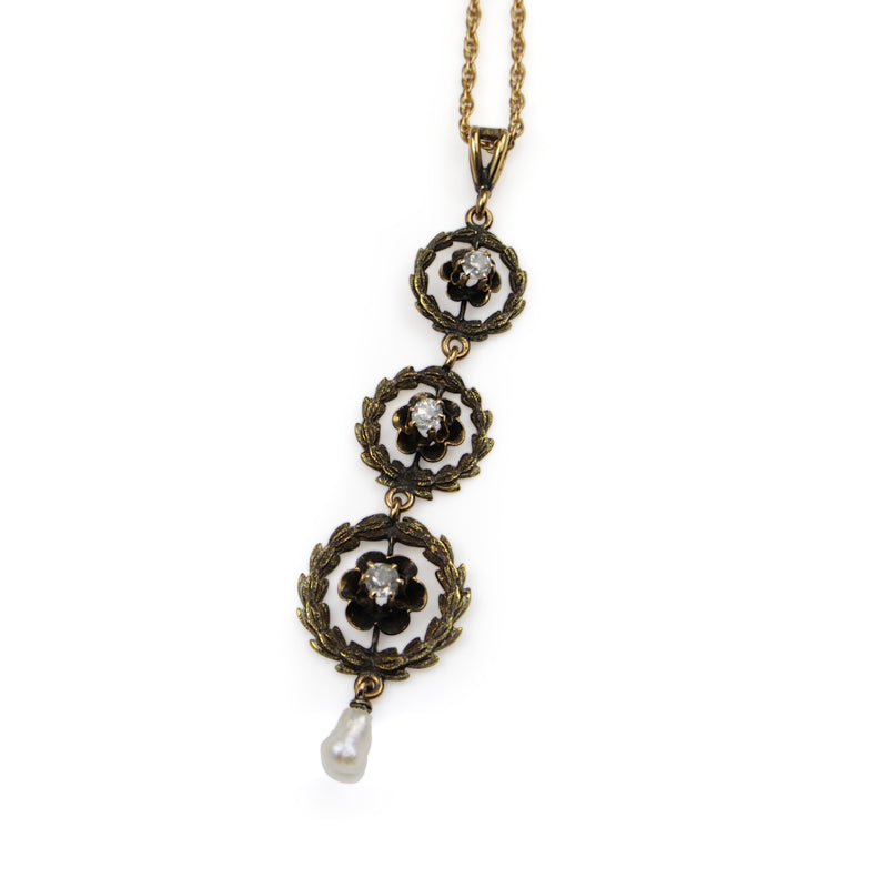 14ct Yellow Gold Antique Pearl and Diamond Drop Necklace