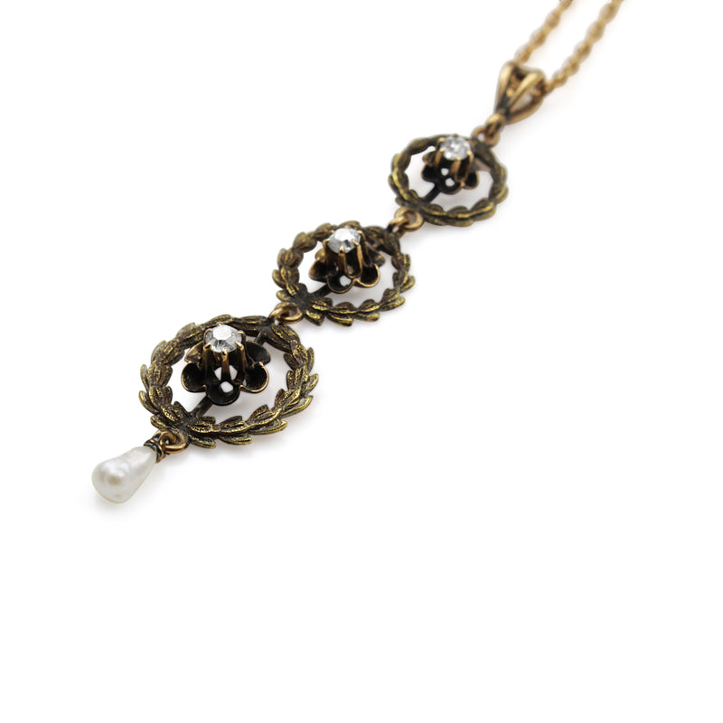 14ct Yellow Gold Antique Pearl and Diamond Drop Necklace