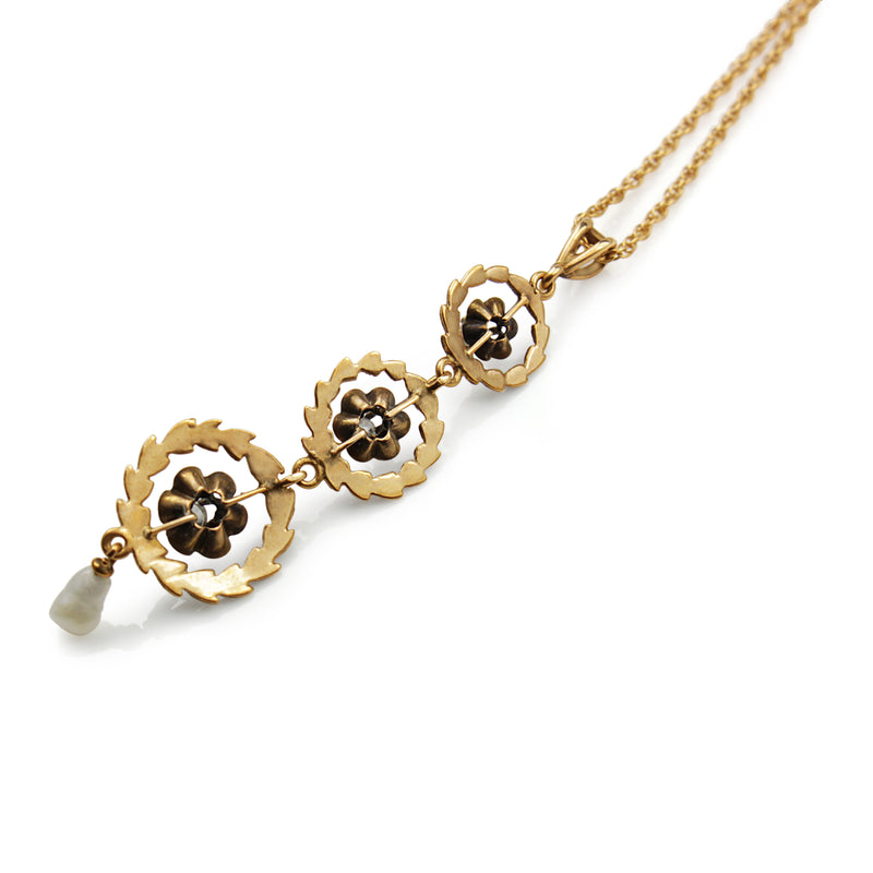 14ct Yellow Gold Antique Pearl and Diamond Drop Necklace