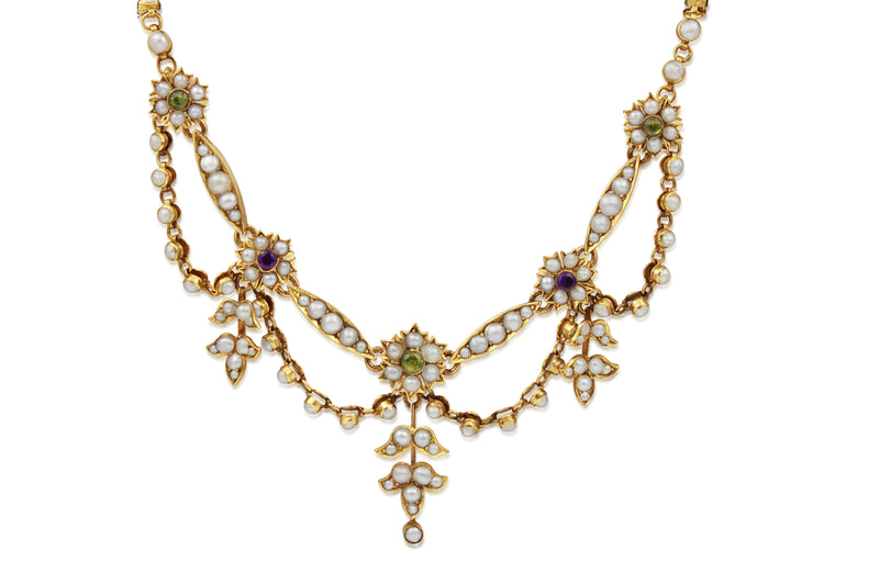 9ct Yellow Gold Antique Amethyst, Pearl and Peridot Suffragette Necklace