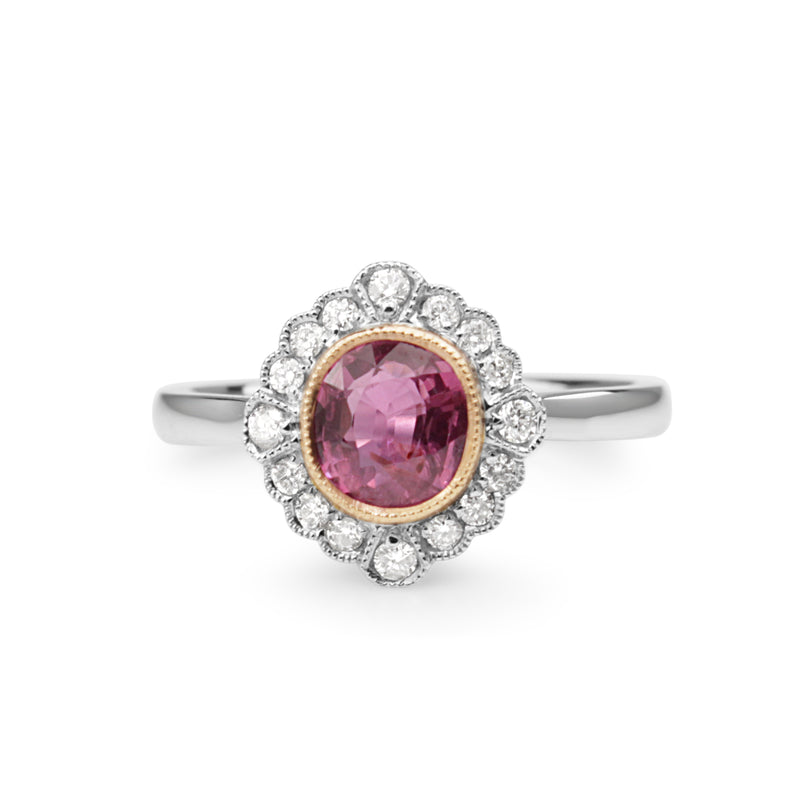 18ct White Gold Vintage Style Pink Sapphire and Diamond Ring