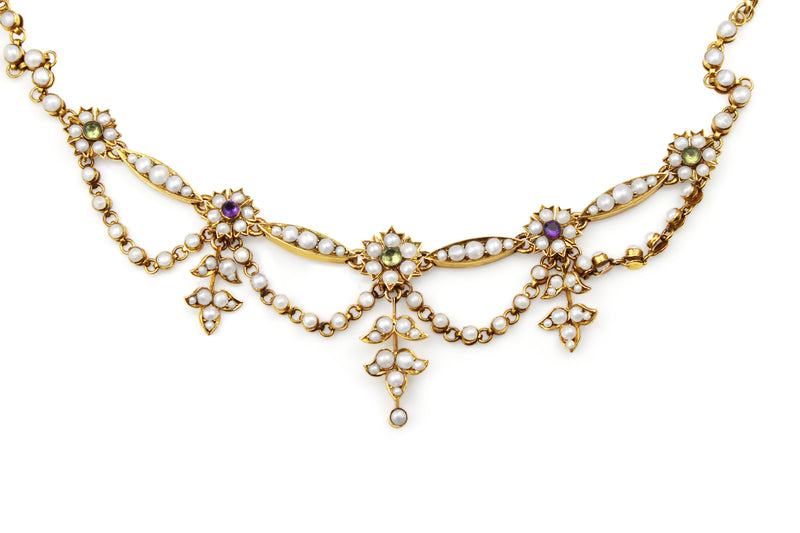 9ct Yellow Gold Antique Amethyst, Pearl and Peridot Suffragette Necklace