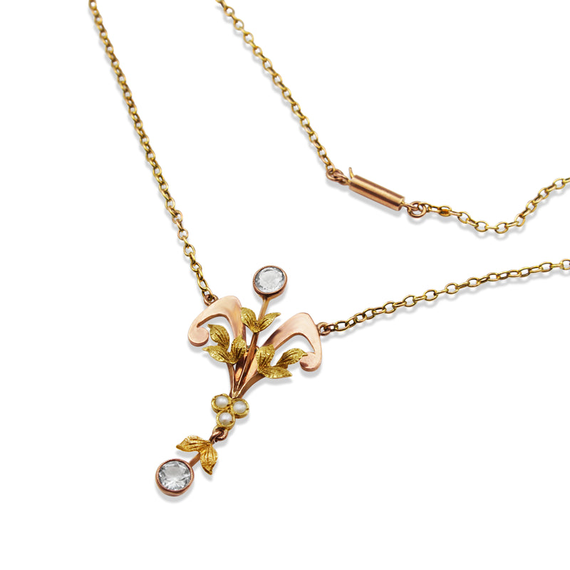 9ct Gold Antique Aquamarine and Pearl Necklace