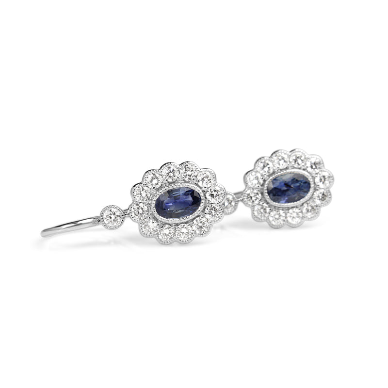18ct White Gold Sapphire and Diamond Daisy Drop Earrings