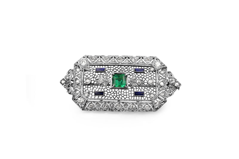 18ct White Gold Antique Emerald, Sapphire and Diamond Brooch