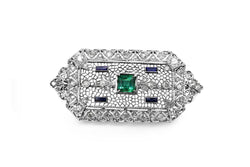 18ct White Gold Antique Emerald, Sapphire and Diamond Brooch