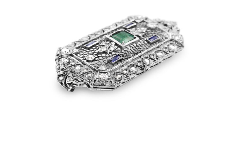 18ct White Gold Antique Emerald, Sapphire and Diamond Brooch