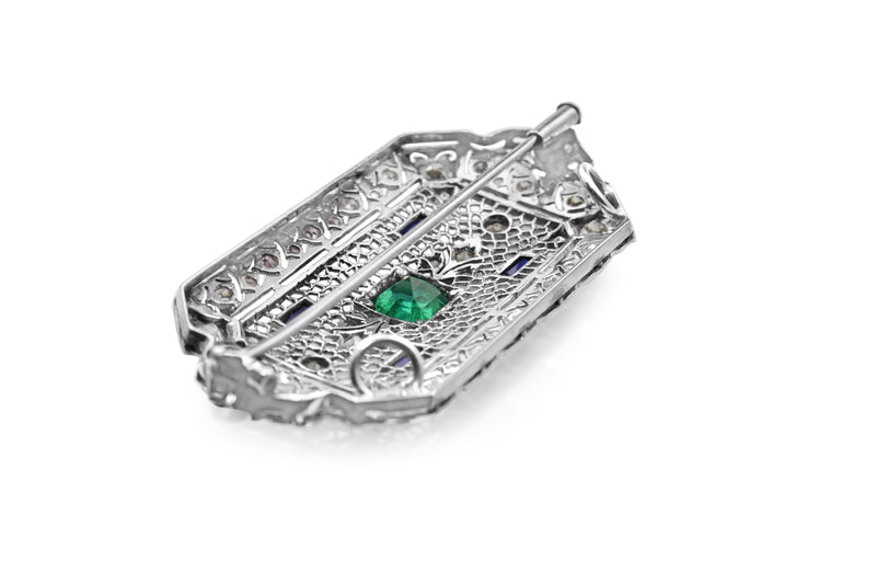 18ct White Gold Antique Emerald, Sapphire and Diamond Brooch