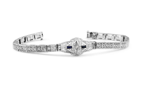 10ct White Gold Art Deco Sapphire and Diamond Filigree Bracelet