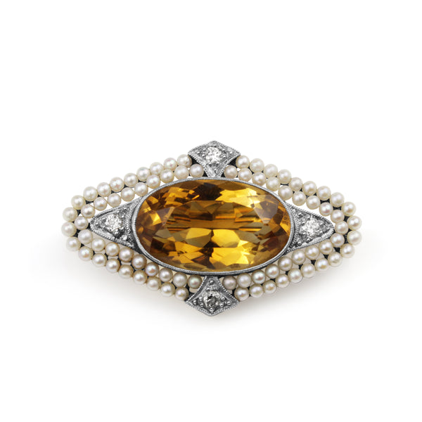 14ct Yellow and White Gold Antique Citrine and Pearl Brooch